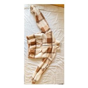 Brown cream and white plaid fluffy sweater